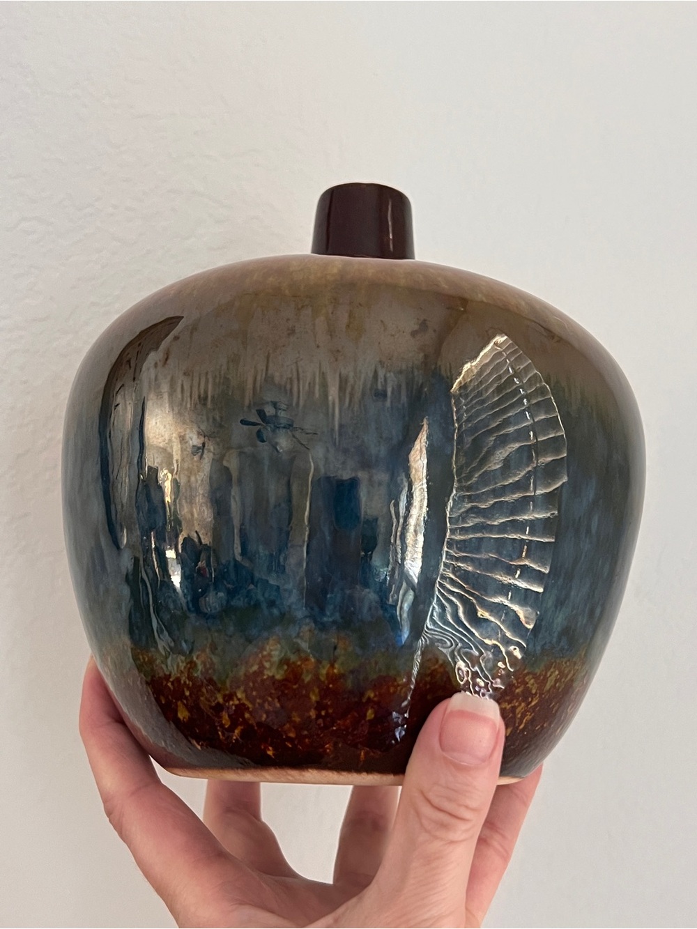 MCM Drip Glaze Glossy Brown Amber Blue Ceramic Vase Pottery - Picture 3 of 5